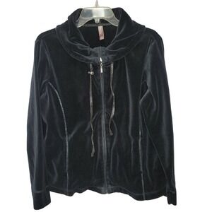 White Stag Velour Zip Up Jacket Women Sz L Black Funnel Neck Y2K Active Cozygoth